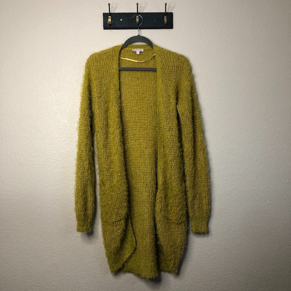 Nice & Chic Chartreuse Long Sleeve Eyelash Knit Long Cardigan Women's S Cozy EUC